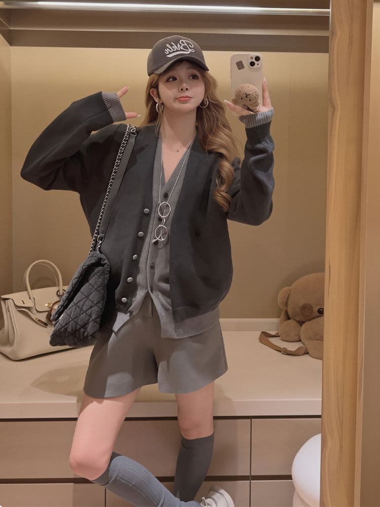 패치워크 배색 페이크 레이어드 긴팔 오픈 가디건 단추 맨위 여성 루즈핏 V넥 니트 스웨터 외부 가져 가라. 스웨터 여성 코트 상세 이미지 26