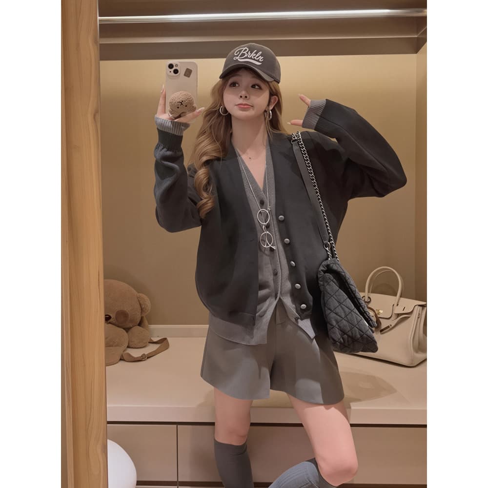 패치워크 배색 페이크 레이어드 긴팔 오픈 가디건 단추 맨위 여성 루즈핏 V넥 니트 스웨터 외부 가져 가라. 스웨터 여성 코트 상세 이미지 32