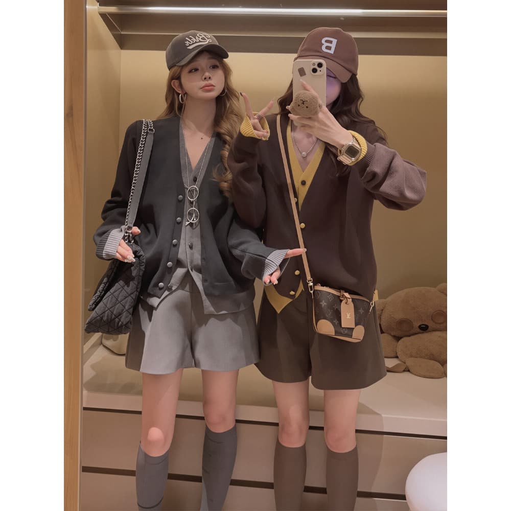 패치워크 배색 페이크 레이어드 긴팔 오픈 가디건 단추 맨위 여성 루즈핏 V넥 니트 스웨터 외부 가져 가라. 스웨터 여성 코트 상세 이미지 34