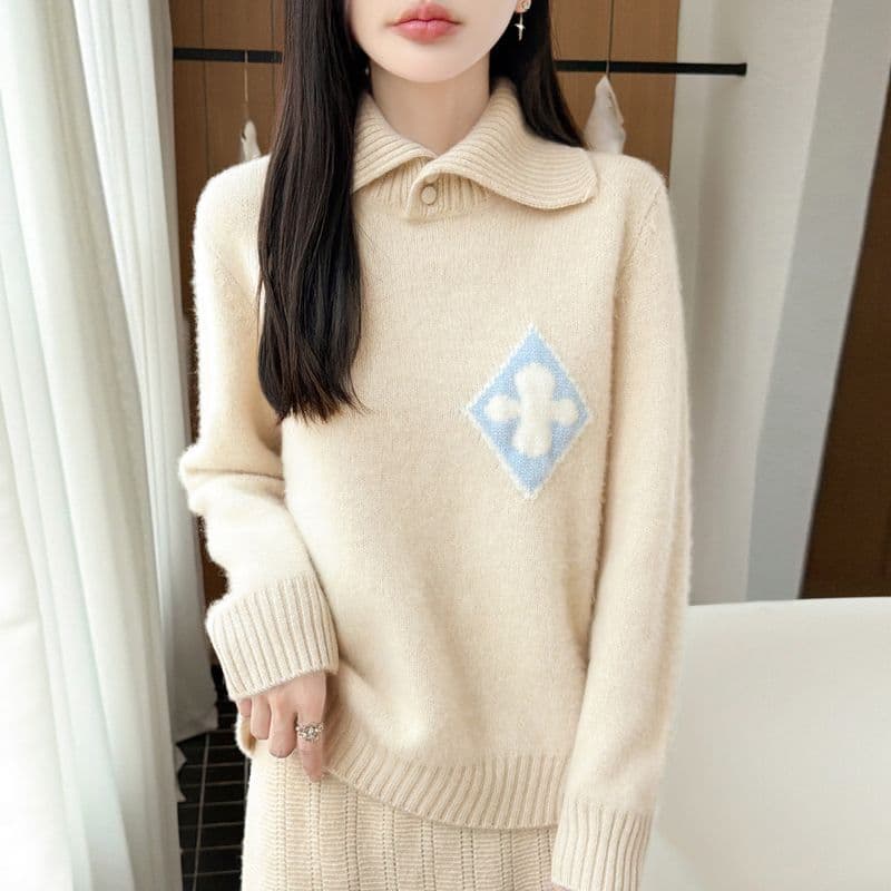 한 부서 패션 두꺼운 폴로 칼라 카디건 여성 POLO 칼라 스웨터 니트 스웨터 맨위 루즈핏 꽃 자카드 스웨터