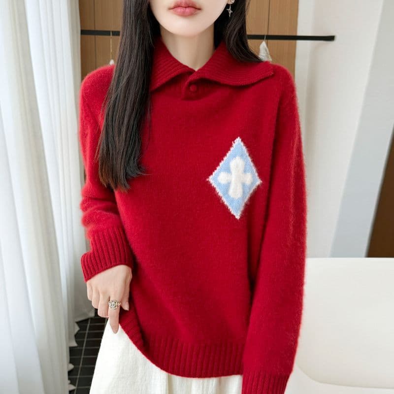 한 부서 패션 두꺼운 폴로 칼라 카디건 여성 POLO 칼라 스웨터 니트 스웨터 맨위 루즈핏 꽃 자카드 스웨터 이미지 3