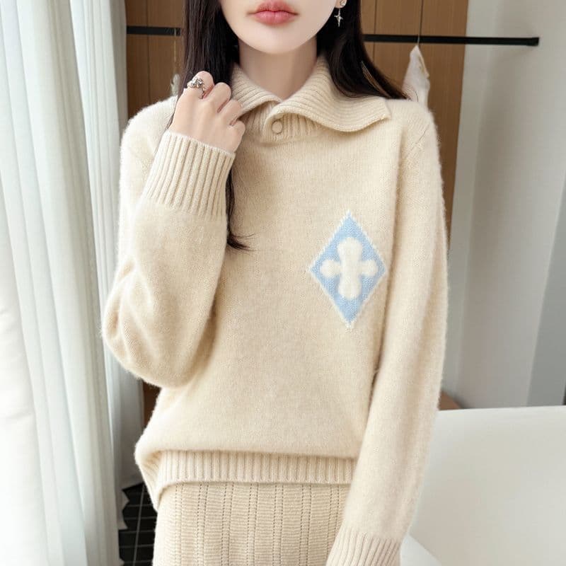한 부서 패션 두꺼운 폴로 칼라 카디건 여성 POLO 칼라 스웨터 니트 스웨터 맨위 루즈핏 꽃 자카드 스웨터 이미지 5