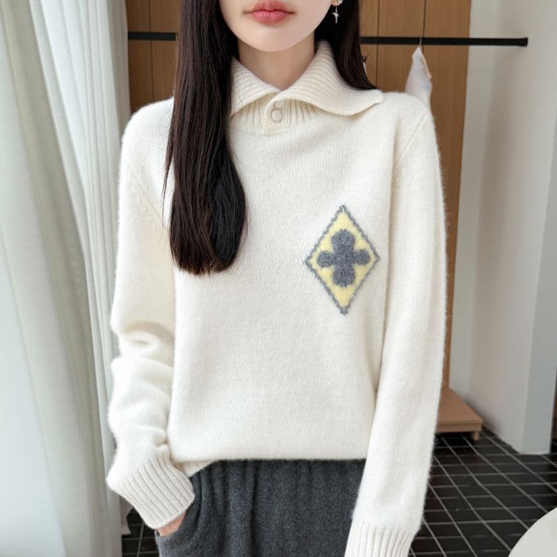 한 부서 패션 두꺼운 폴로 칼라 카디건 여성 POLO 칼라 스웨터 니트 스웨터 맨위 루즈핏 꽃 자카드 스웨터 이미지 4