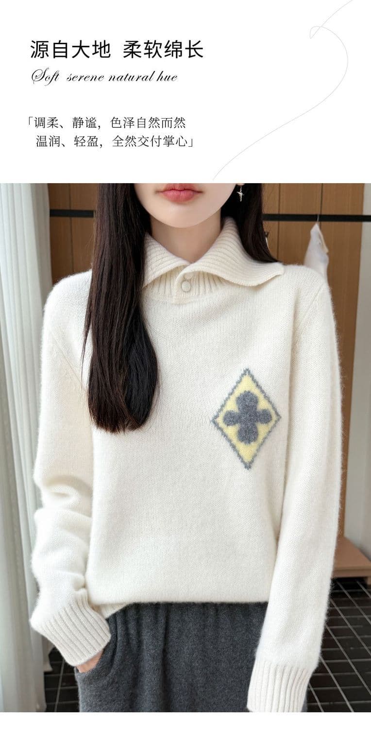 한 부서 패션 두꺼운 폴로 칼라 카디건 여성 POLO 칼라 스웨터 니트 스웨터 맨위 루즈핏 꽃 자카드 스웨터 상세 이미지 9