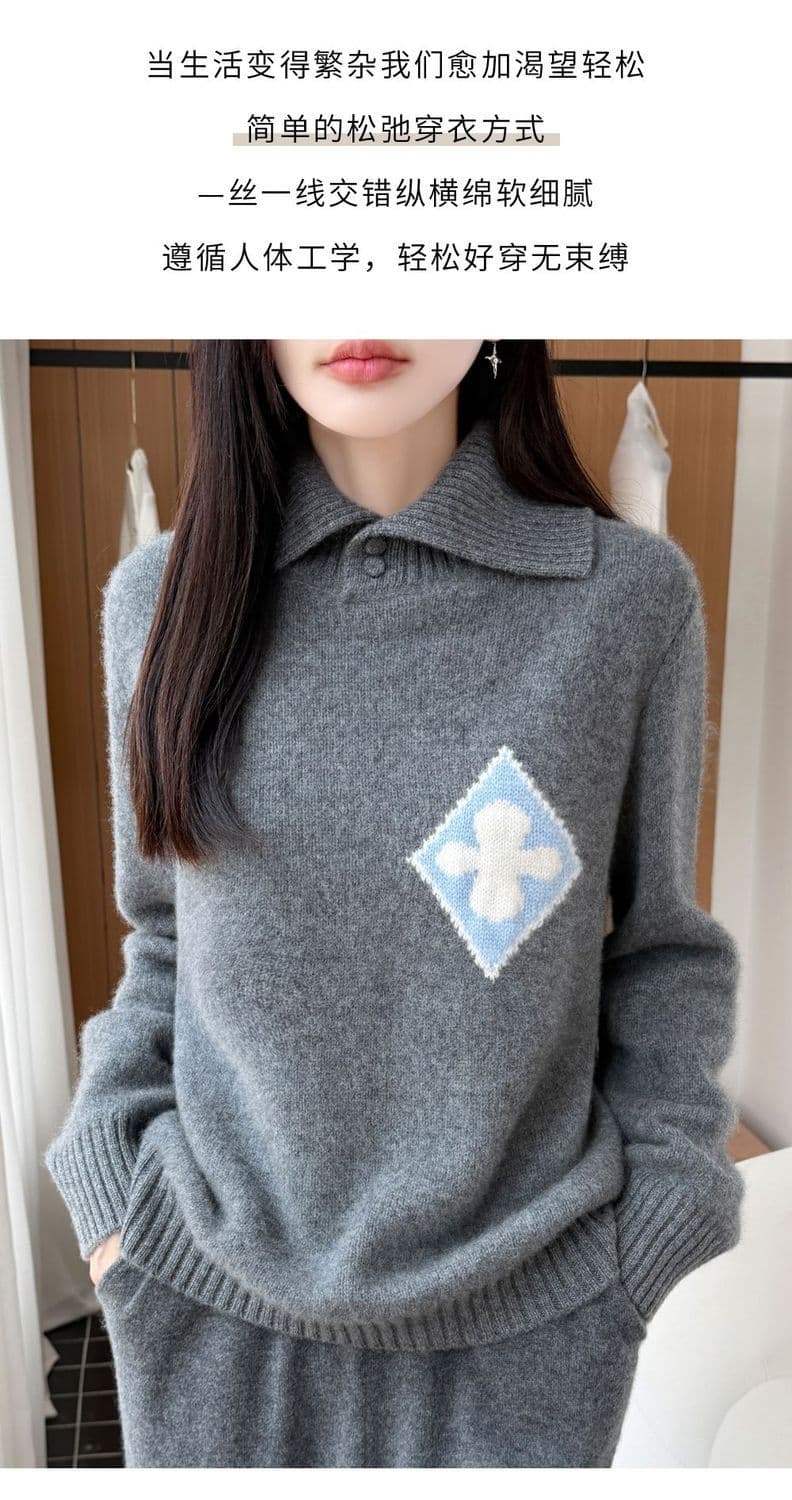 한 부서 패션 두꺼운 폴로 칼라 카디건 여성 POLO 칼라 스웨터 니트 스웨터 맨위 루즈핏 꽃 자카드 스웨터 상세 이미지 11