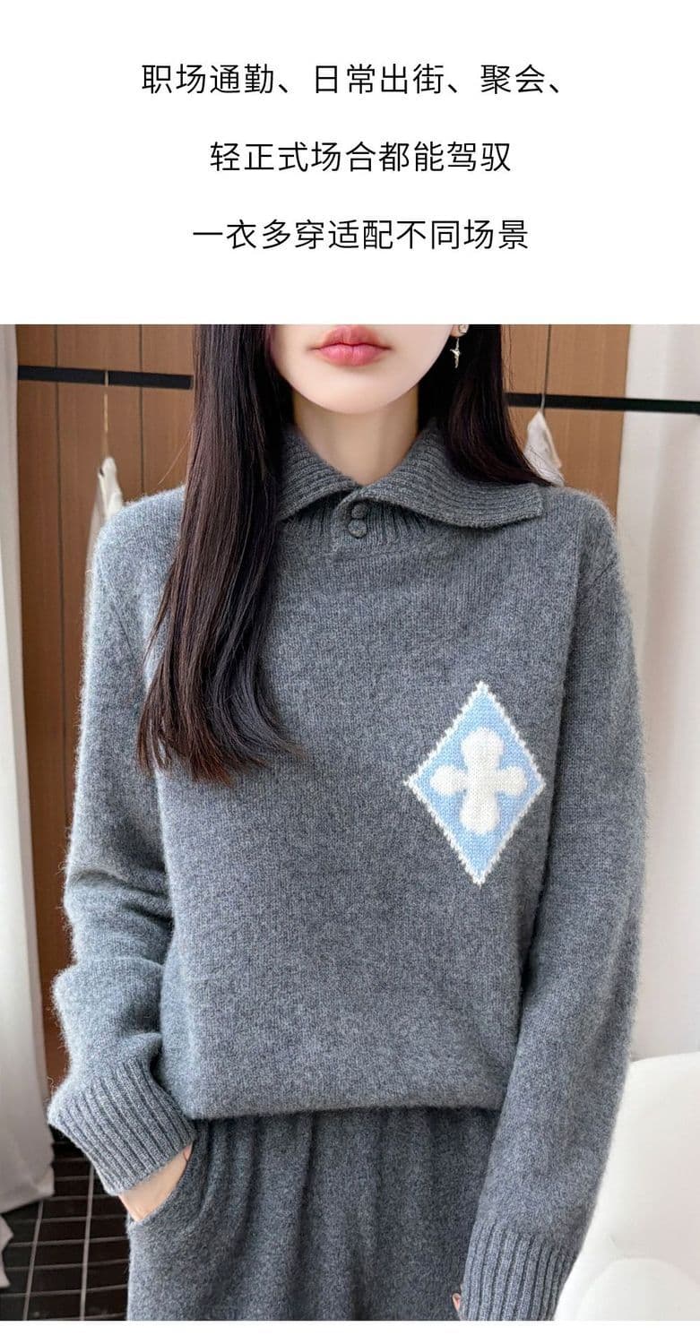 한 부서 패션 두꺼운 폴로 칼라 카디건 여성 POLO 칼라 스웨터 니트 스웨터 맨위 루즈핏 꽃 자카드 스웨터 상세 이미지 12