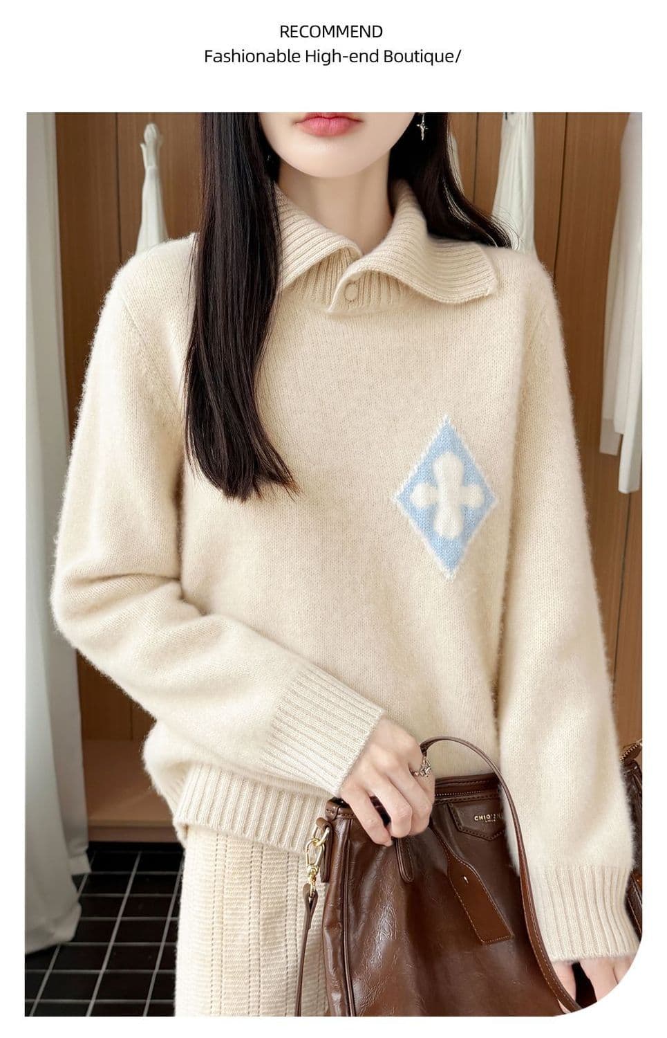 한 부서 패션 두꺼운 폴로 칼라 카디건 여성 POLO 칼라 스웨터 니트 스웨터 맨위 루즈핏 꽃 자카드 스웨터 상세 이미지 18