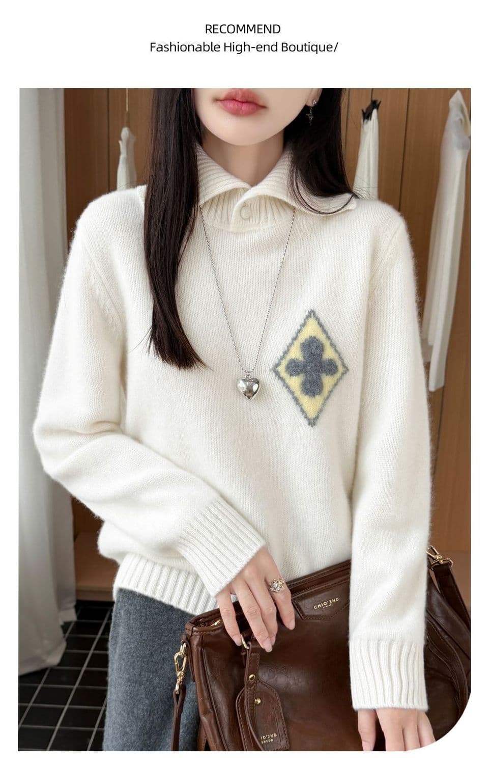 한 부서 패션 두꺼운 폴로 칼라 카디건 여성 POLO 칼라 스웨터 니트 스웨터 맨위 루즈핏 꽃 자카드 스웨터 상세 이미지 26