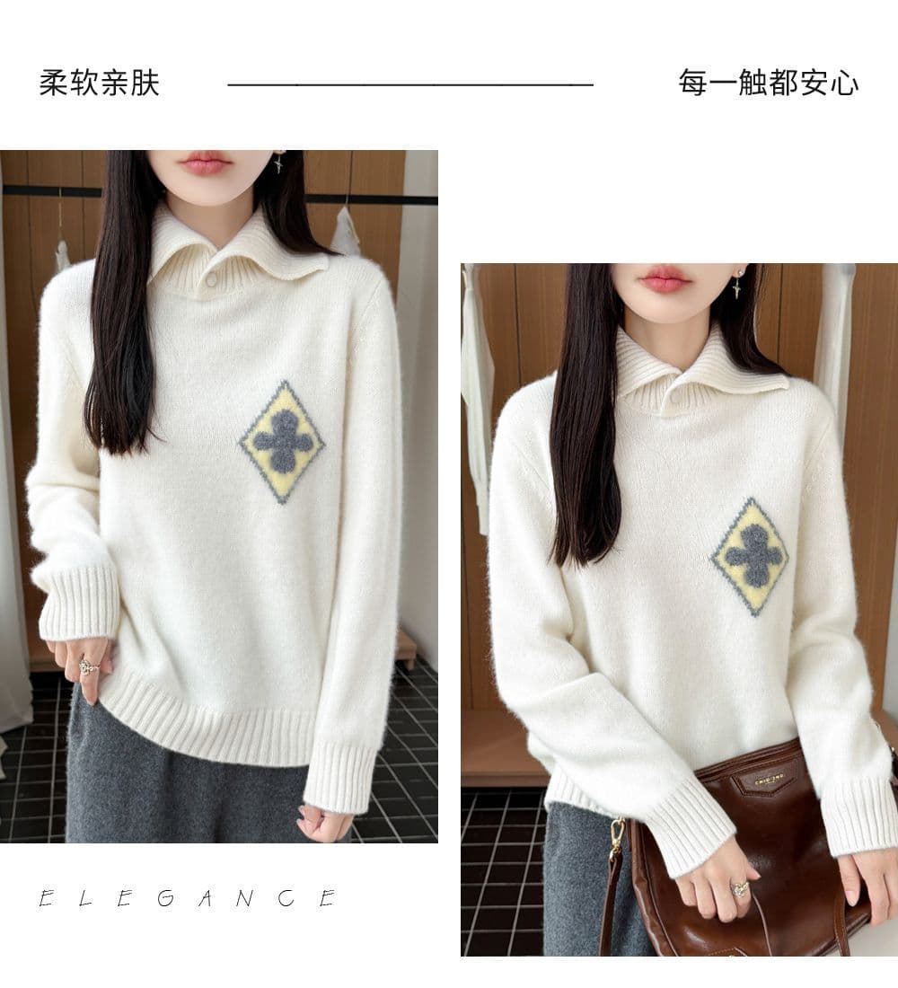 한 부서 패션 두꺼운 폴로 칼라 카디건 여성 POLO 칼라 스웨터 니트 스웨터 맨위 루즈핏 꽃 자카드 스웨터 상세 이미지 28