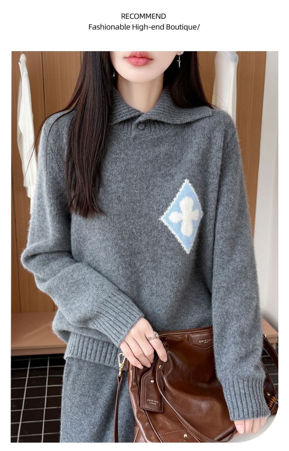 한 부서 패션 두꺼운 폴로 칼라 카디건 여성 POLO 칼라 스웨터 니트 스웨터 맨위 루즈핏 꽃 자카드 스웨터 상세 이미지 30