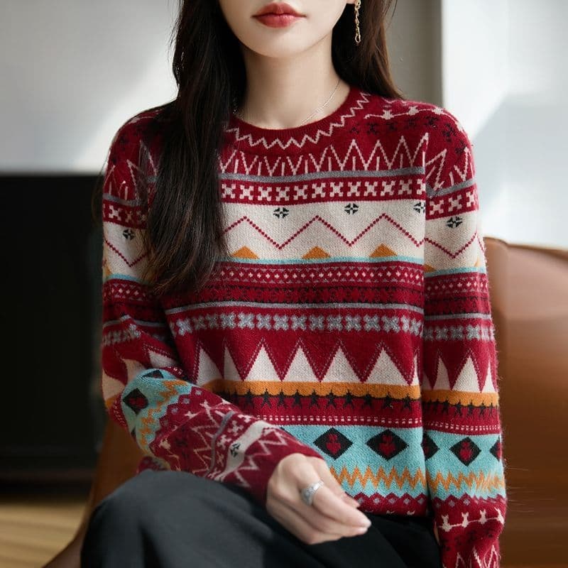 레트로 라운드 넥 두꺼운 니트 스웨터 여성 외출용 가을 겨울 새로운 다용도 품격 민족 스타일 패치워크 색상 외국 가스 스웨터 여자 상세 이미지 28