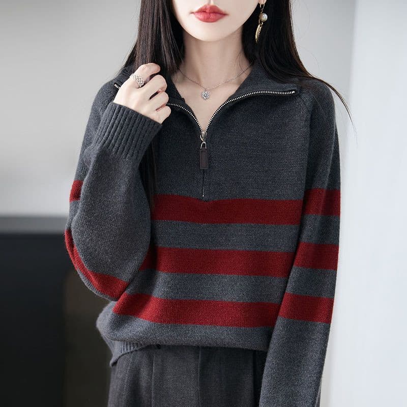 고급 새로운 패치워크 색상 스트라이프 하프 지퍼 니트 스웨터 스웨터 가을 겨울 영 엄마 루즈핏 외국 가스 만나는 맨위 상세 이미지 25