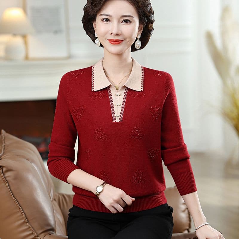 중년 여성 고급 카디건 풀오버 엄마 폴로 칼라 봄 가을 여성 의류 긴팔 기본 셔츠 할머니 니트