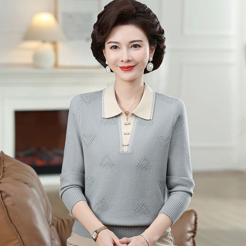 중년 여성 고급 카디건 풀오버 엄마 폴로 칼라 봄 가을 여성 의류 긴팔 기본 셔츠 할머니 니트 이미지 3