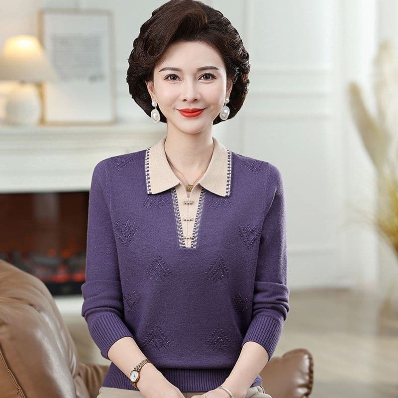 중년 여성 고급 카디건 풀오버 엄마 폴로 칼라 봄 가을 여성 의류 긴팔 기본 셔츠 할머니 니트 이미지 2
