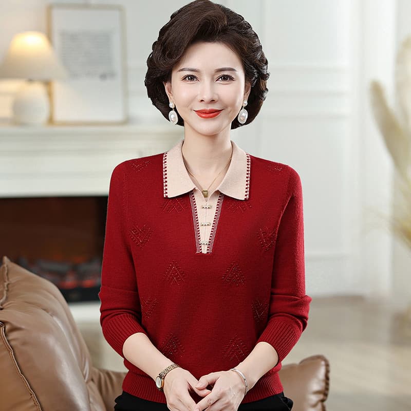 중년 여성 고급 카디건 풀오버 엄마 폴로 칼라 봄 가을 여성 의류 긴팔 기본 셔츠 할머니 니트 이미지 4