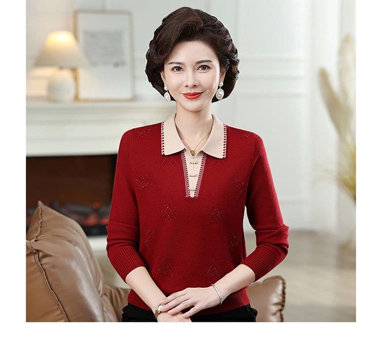 중년 여성 고급 카디건 풀오버 엄마 폴로 칼라 봄 가을 여성 의류 긴팔 기본 셔츠 할머니 니트 상세 이미지 24