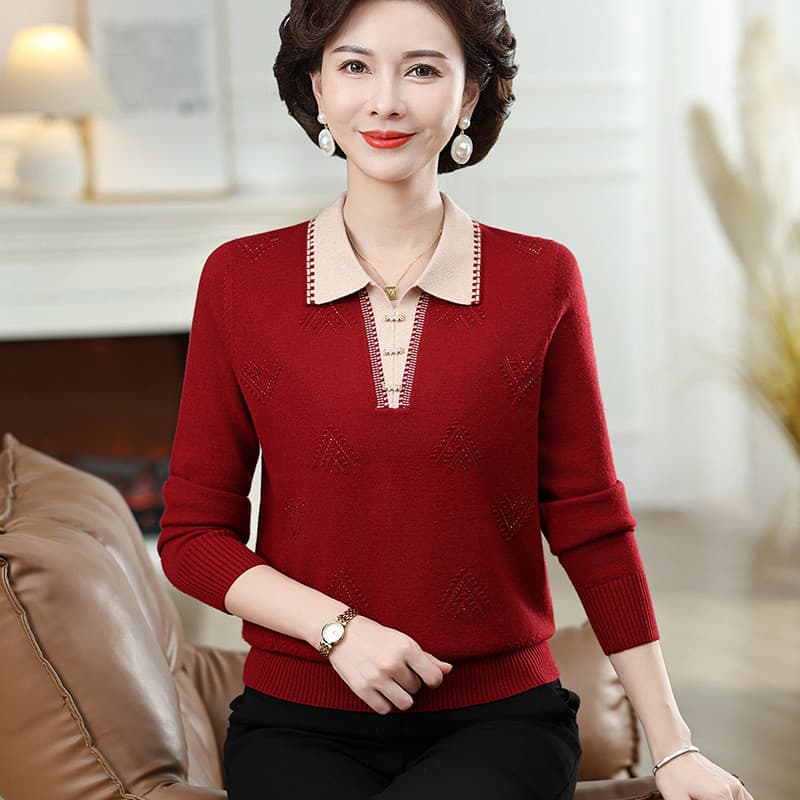 중년 여성 고급 카디건 풀오버 엄마 폴로 칼라 봄 가을 여성 의류 긴팔 기본 셔츠 할머니 니트 상세 이미지 35