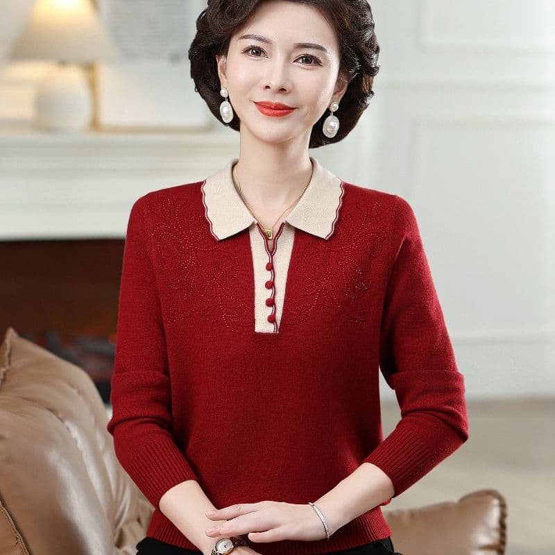 중년 엄마 가을 겨울 만나는 카디건 긴팔 새로운 폴로 칼라 맨위 중노년 외국 가스 여성 의류 니트 스웨터 이미지 3