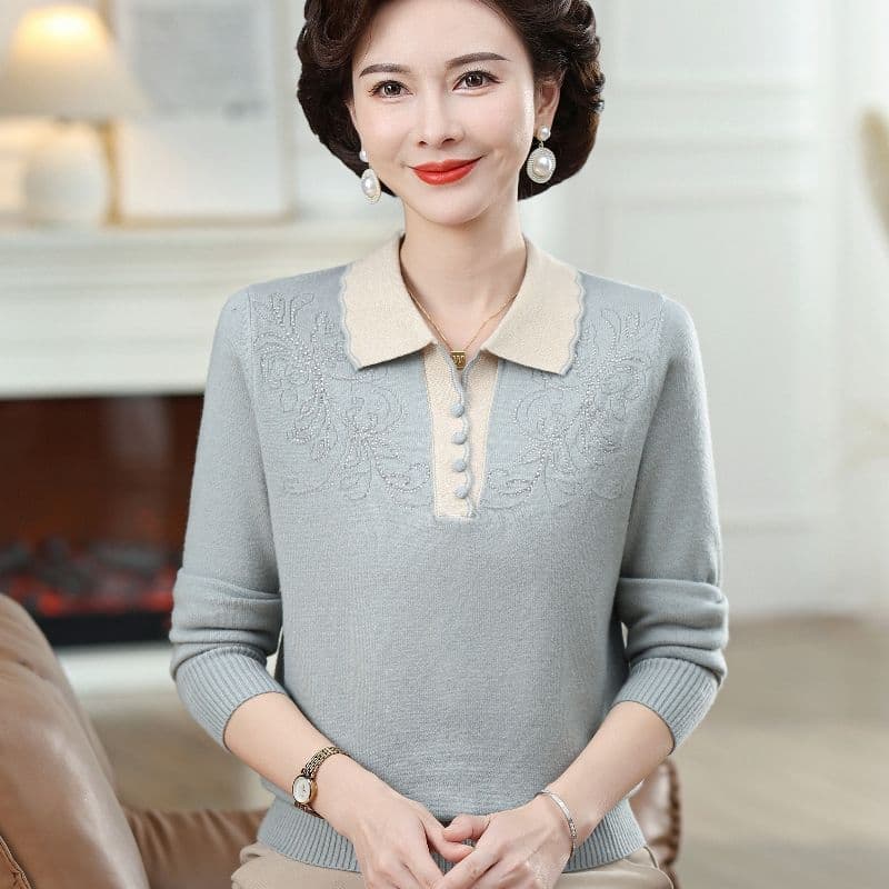 중년 엄마 가을 겨울 만나는 카디건 긴팔 새로운 폴로 칼라 맨위 중노년 외국 가스 여성 의류 니트 스웨터 상세 이미지 28