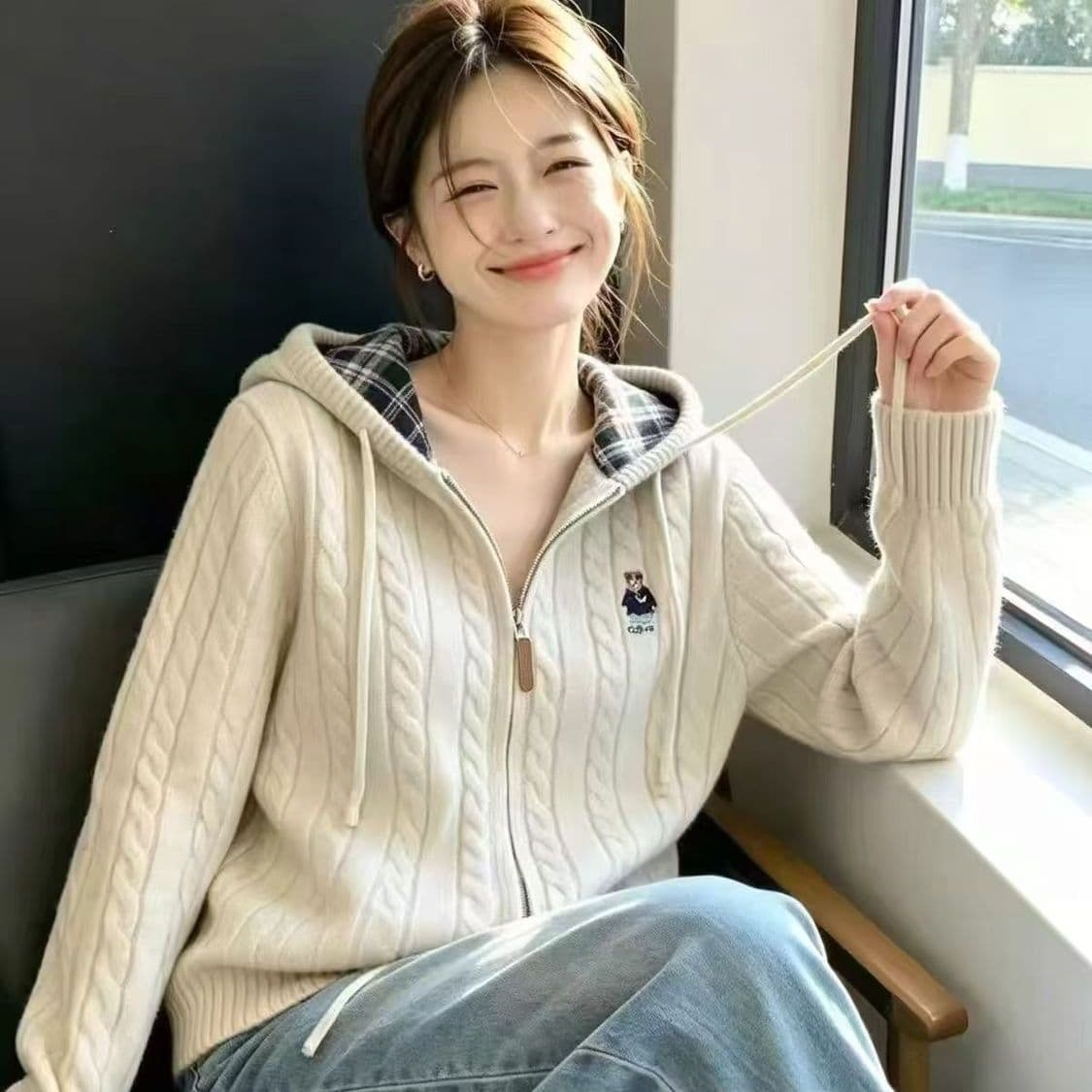 보존 섹션 추천 자수 후드 지퍼 꽈배기 니트 오픈 가디건 여성 가을 겨울 새로운 느긋한 바람 다용도 재킷 이미지 3