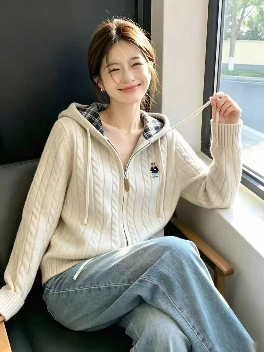 보존 섹션 추천 자수 후드 지퍼 꽈배기 니트 오픈 가디건 여성 가을 겨울 새로운 느긋한 바람 다용도 재킷 상세 이미지 4