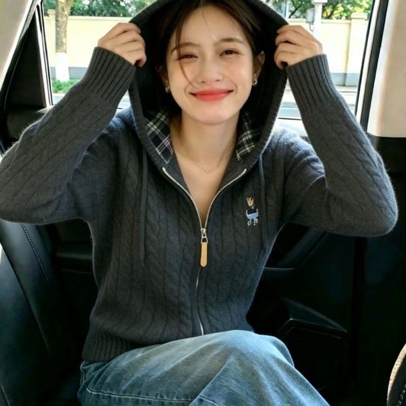보존 섹션 추천 자수 후드 지퍼 꽈배기 니트 오픈 가디건 여성 가을 겨울 새로운 느긋한 바람 다용도 재킷 상세 이미지 8