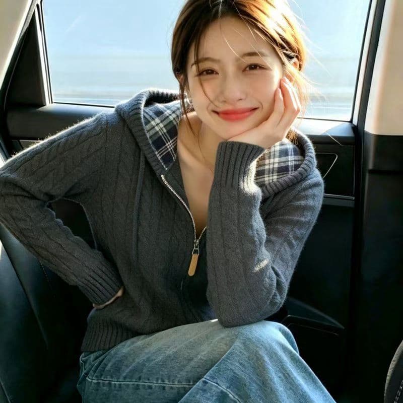 보존 섹션 추천 자수 후드 지퍼 꽈배기 니트 오픈 가디건 여성 가을 겨울 새로운 느긋한 바람 다용도 재킷 상세 이미지 17