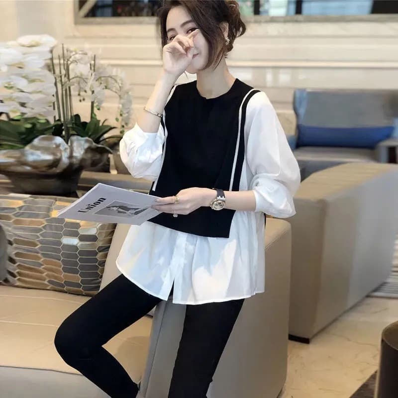 페이크 레이어드 여성 셔츠 봄 가을 새로운 빅 사이즈 배색 패치워크 슬림해 보이는 루즈핏 긴팔 패션 연령 감소 라운드 넥 셔츠 이미지 4