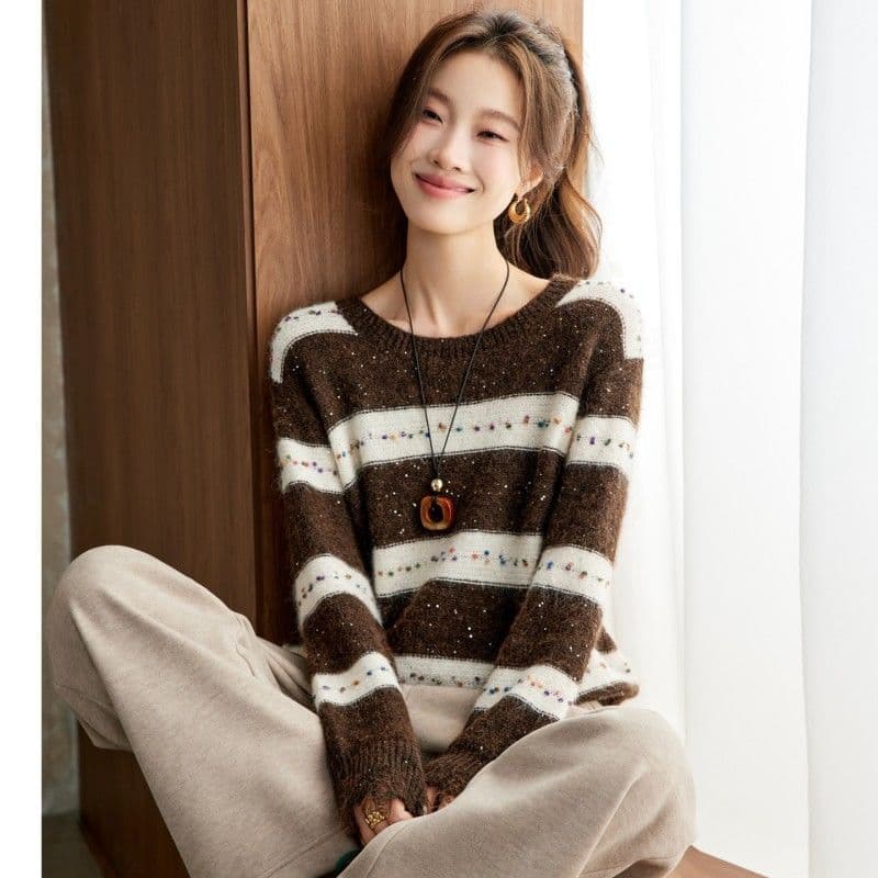 느긋한 바람 스트라이프 니트 스웨터 여성 라운드 칼라 플라워 실 색상 털 공 찢어진 부분 긴팔 스웨터 루즈핏 슬림해 보이는 니트 스웨터 상세 이미지 1