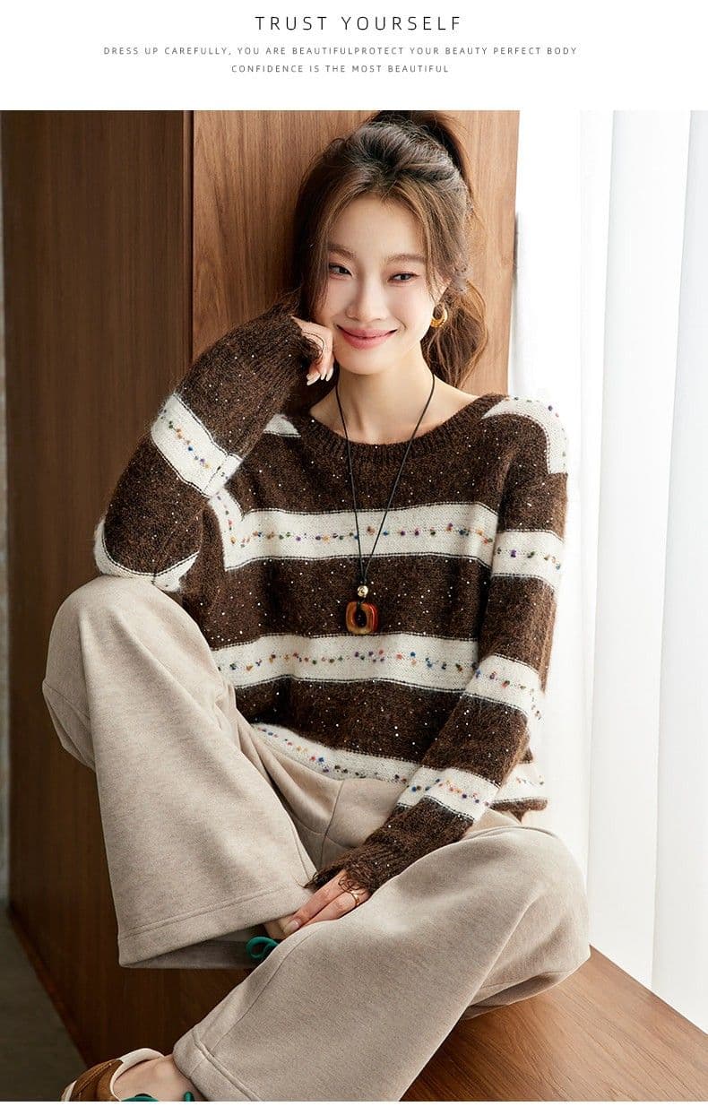느긋한 바람 스트라이프 니트 스웨터 여성 라운드 칼라 플라워 실 색상 털 공 찢어진 부분 긴팔 스웨터 루즈핏 슬림해 보이는 니트 스웨터 상세 이미지 10