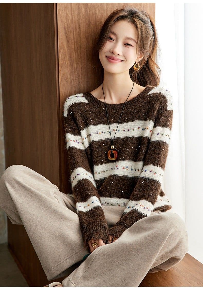 느긋한 바람 스트라이프 니트 스웨터 여성 라운드 칼라 플라워 실 색상 털 공 찢어진 부분 긴팔 스웨터 루즈핏 슬림해 보이는 니트 스웨터 상세 이미지 13