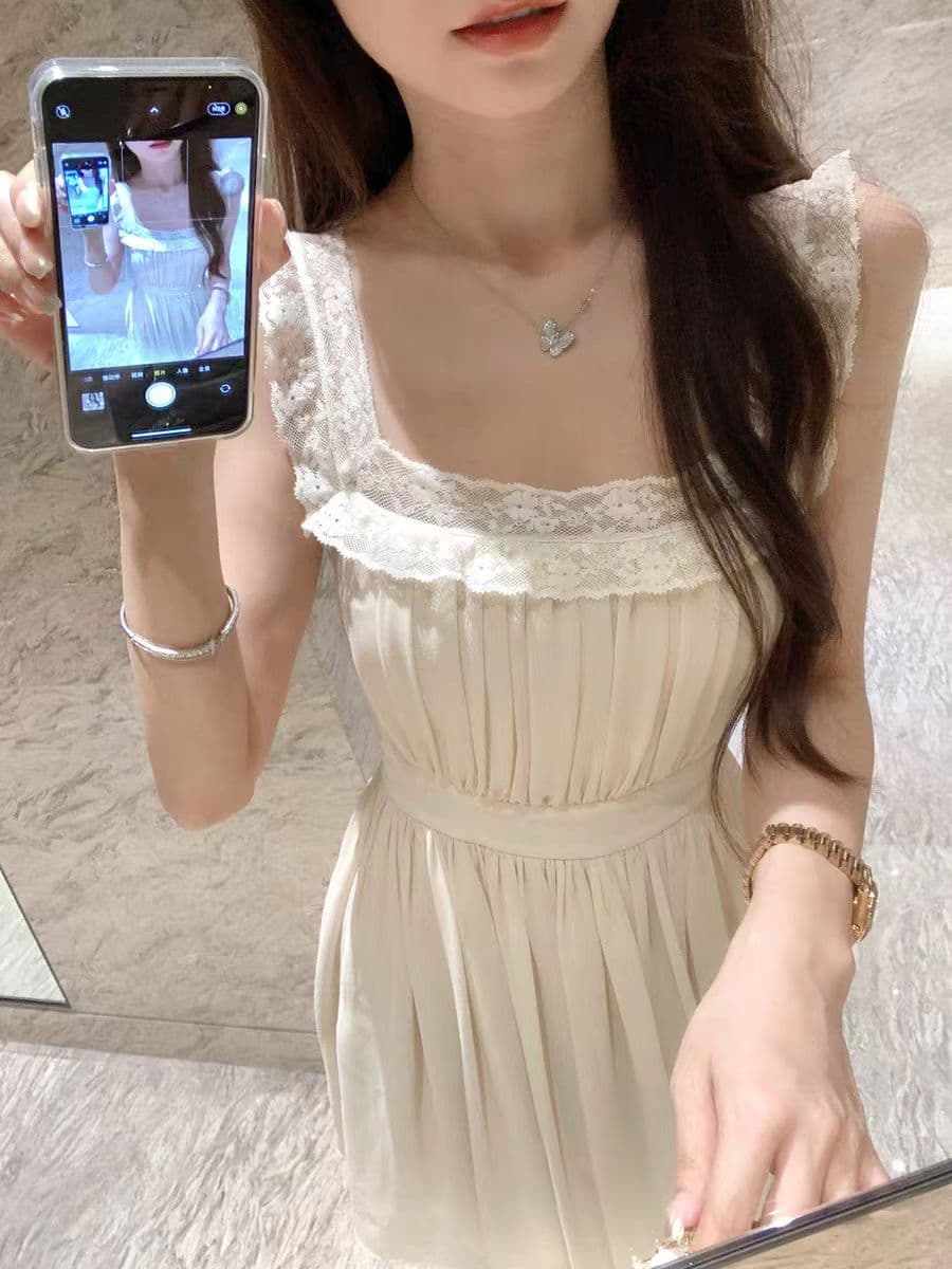 justqin 5 29 주간 켜기 꼬집기 허리 얇은 치마 2025 새로운 여름 드레스 광장 칼라 레이스 허리 수축 여성 드레스 이미지 3