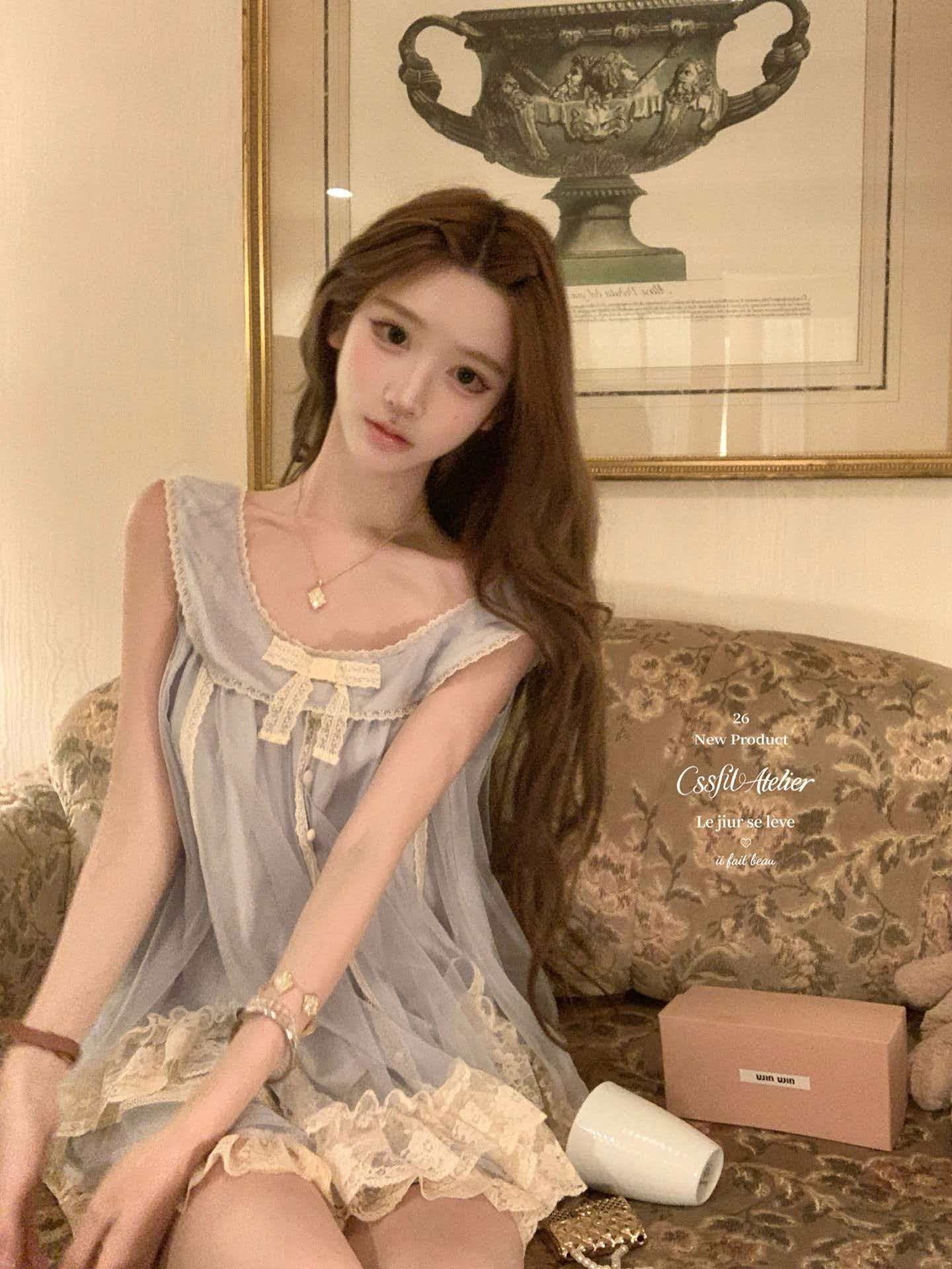 늦게 우산 우산 26 ss 오후 수색 물 블루 나비 매듭 레이스 민소매 맨위 레이스 조각 반 스커트 세트 그룹 상세 이미지 1