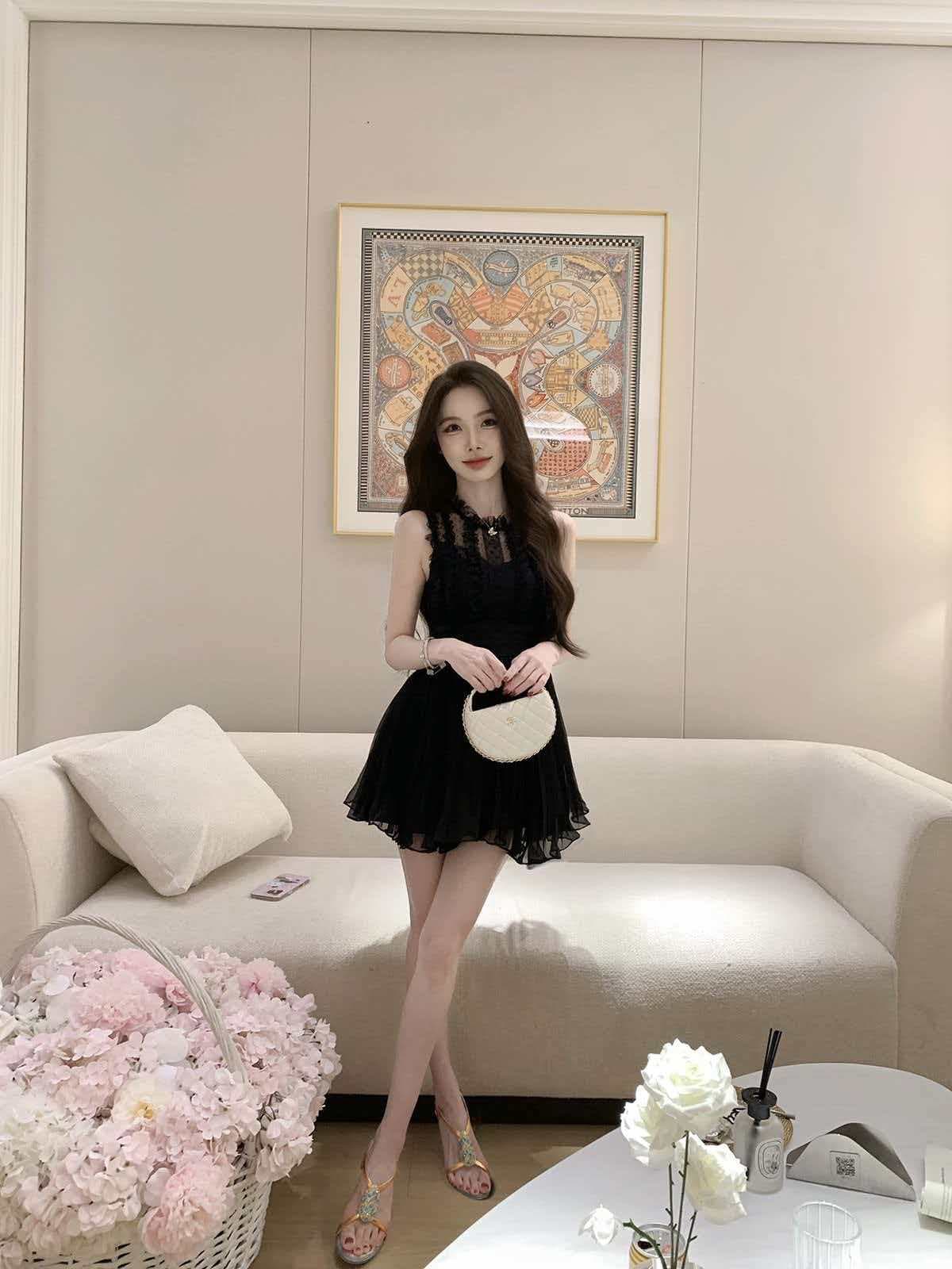 justqin 7 8 주간 켜기 새로운 2026 새로운 여름 드레스 품격 쉬폰 미니 스커트 허리 수축 섹시함 여성 드레스 이미지 3