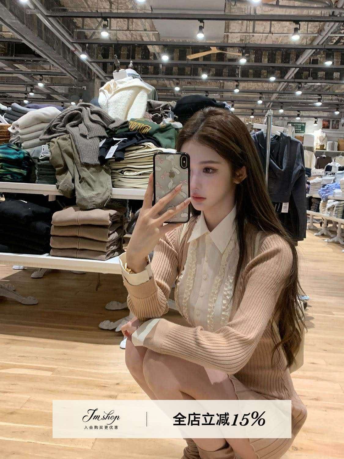 jmshop 뉴욕 높은 예술 니트 여성 드레스 인사이드 가져 가라. 치마 페이크 레이어드 패치워크 셔츠 칼라 치마 플리츠 스커트 이미지 2