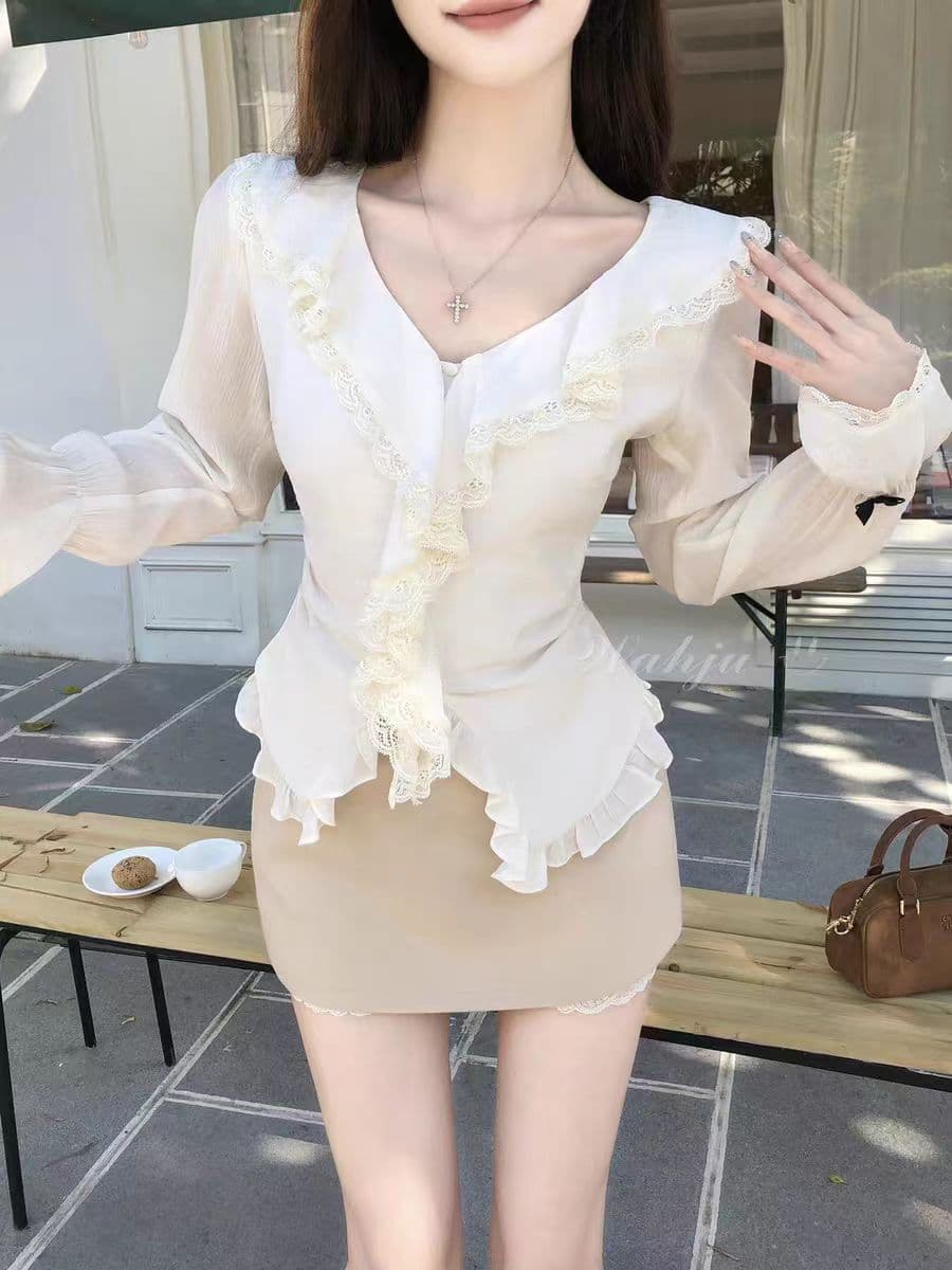 회화 솔루션 wahju 품격 원판 프랑스식 연령 감소 레이스 레이스 디자인 허리 수축 슬림해 보이는 맨위 여성 가을 반 스커트 상세 이미지 4