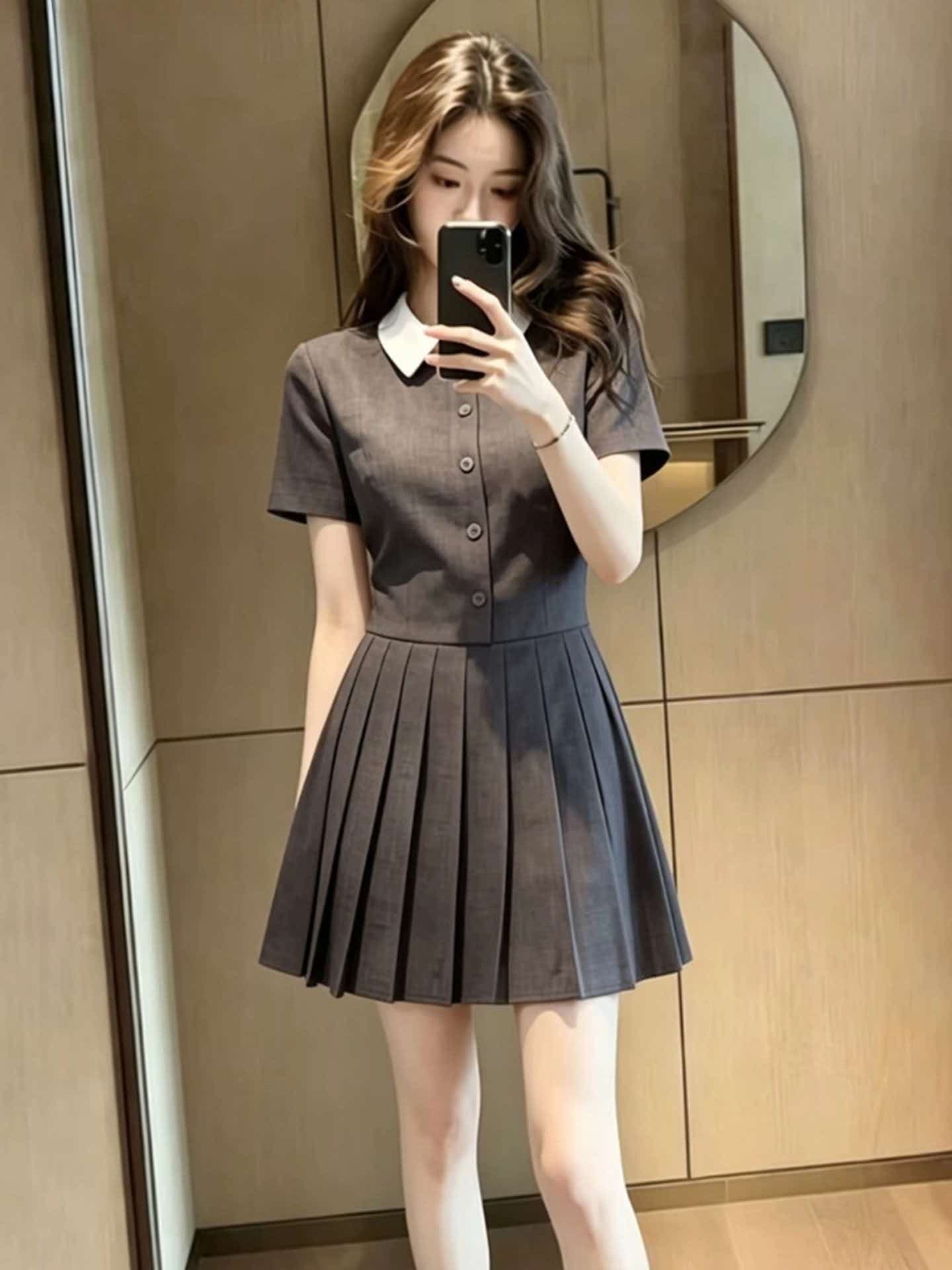 프랑스식 레트로 고급 센스 학원 스타일 디자인 센스 작은 대중 폴로 칼라 플리츠 짧은 치마 여름 반팔 여성 드레스 상세 이미지 3