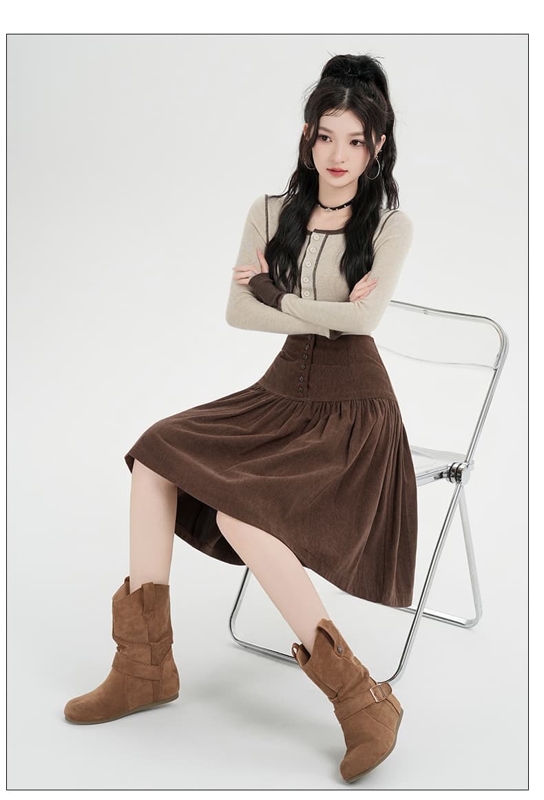 실사 한 부서 레트로 학원 스타일 단추 디자인 센스 패치워크 하이웨이스트 슬림해 보이는 다용도 한 마디 반신 스커트 상세 이미지 23