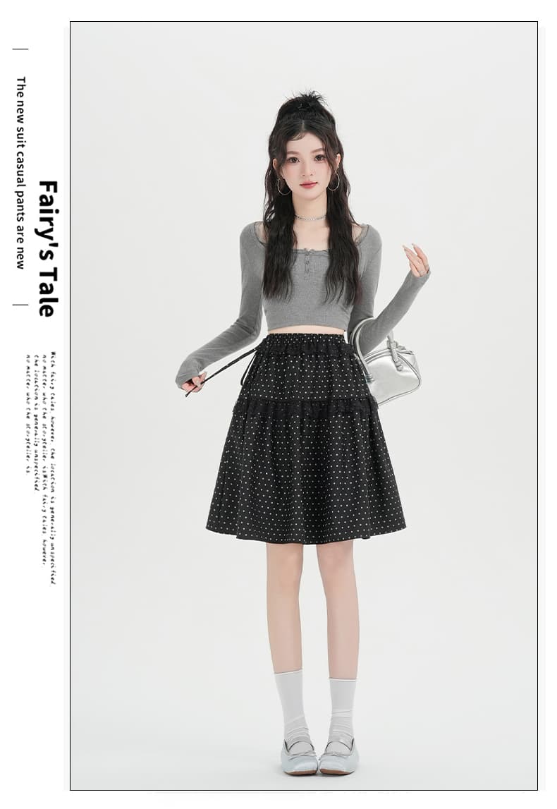 실사 봄 여름 레트로 한 부서 회색 도트 무늬 퍼프 스커트 디자인 센스 레이스 조각 프릴 한 마디 중간 스커트 상세 이미지 31