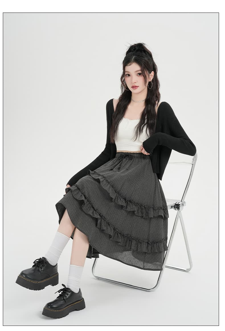 실사 봄 여름 체크무늬 프릴 반신 스커트 케이크 드레스 루즈핏 슬림해 보이는 도루 센스 허리밴드 A라인 스커트 중간 길이 스커트 상세 이미지 34