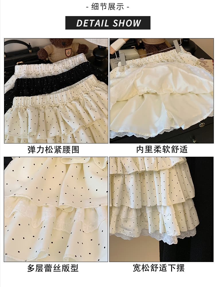 실사 한 부서 달콤함 소녀 레이스 레이스 패치워크 도트 무늬 케이크 드레스 하이웨이스트 슬림해 보이는 한 마디 퍼프 미니 스커트 상세 이미지 5