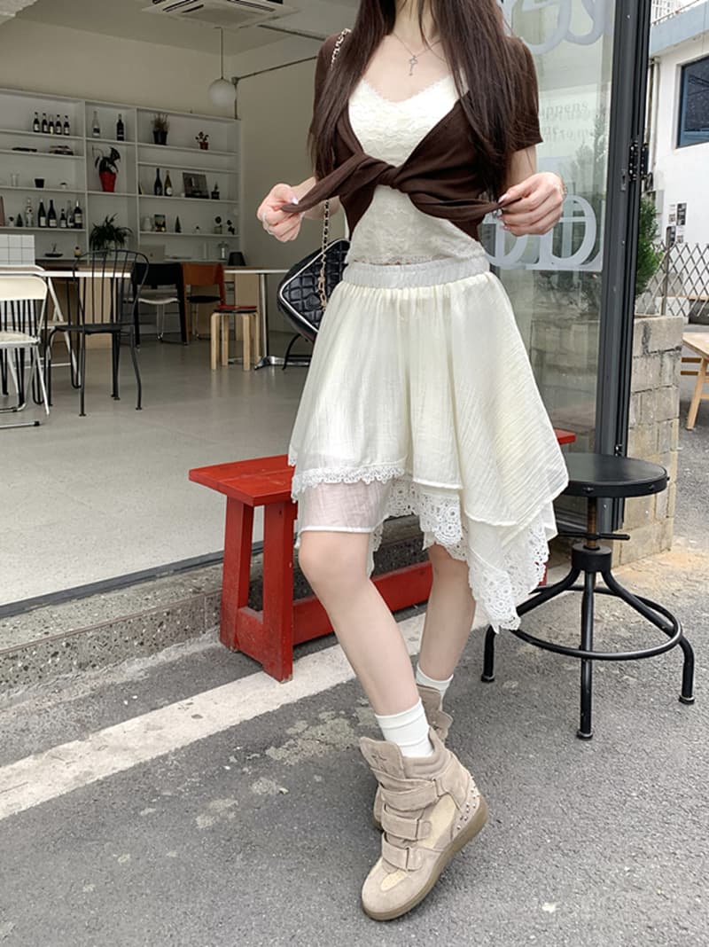 실사 화이트 레이스 레이스 패치워크 불규칙 반신 스커트 여성 2026 새로운 디자인 센스 다용도 한 마디 중간 스커트 상세 이미지 3