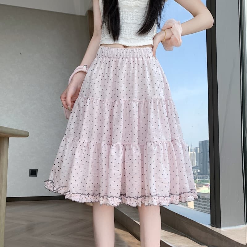 실사 한 부서 핑크색 부드러운 프릴 도트 무늬 반신 스커트 여성 하이웨이스트 슬림해 보이는 한 마디 중간 스커트 퍼프 케이크 드레스 이미지 5