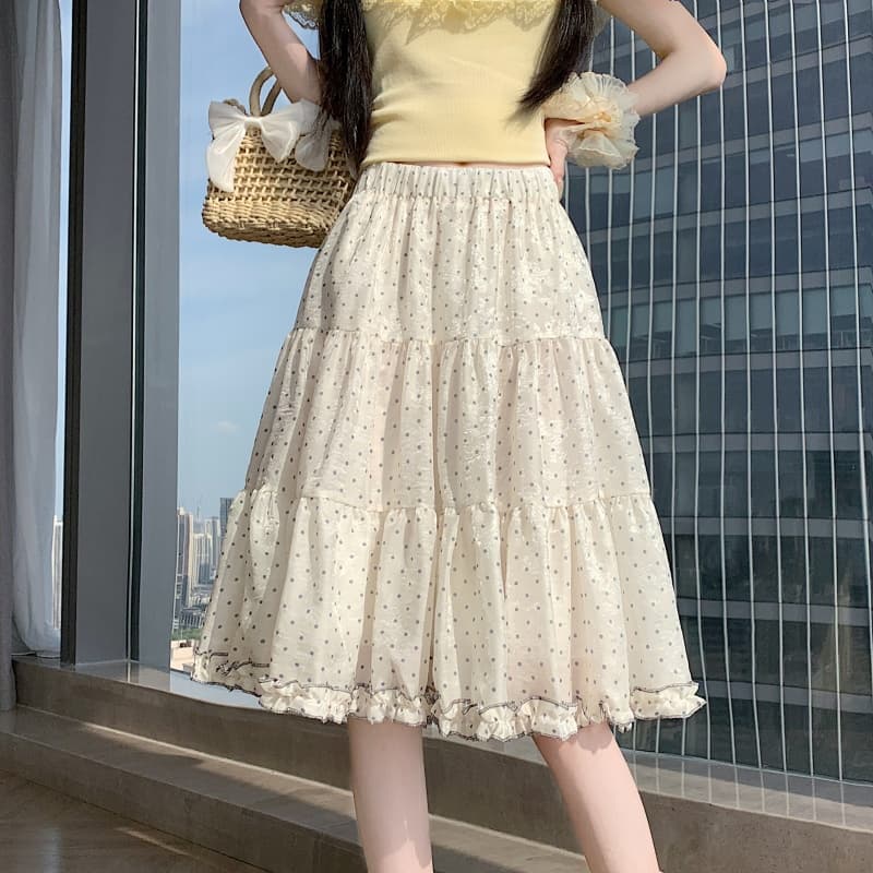 실사 한 부서 핑크색 부드러운 프릴 도트 무늬 반신 스커트 여성 하이웨이스트 슬림해 보이는 한 마디 중간 스커트 퍼프 케이크 드레스 이미지 3