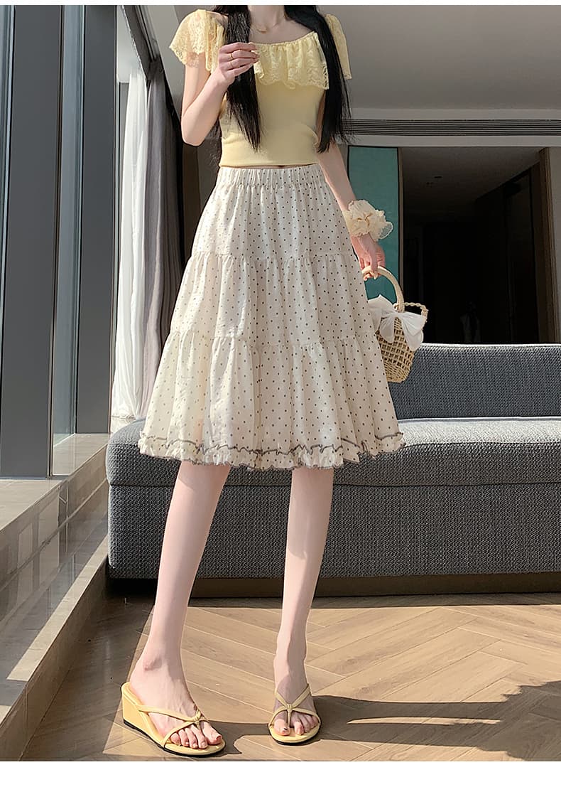 실사 한 부서 핑크색 부드러운 프릴 도트 무늬 반신 스커트 여성 하이웨이스트 슬림해 보이는 한 마디 중간 스커트 퍼프 케이크 드레스 상세 이미지 15