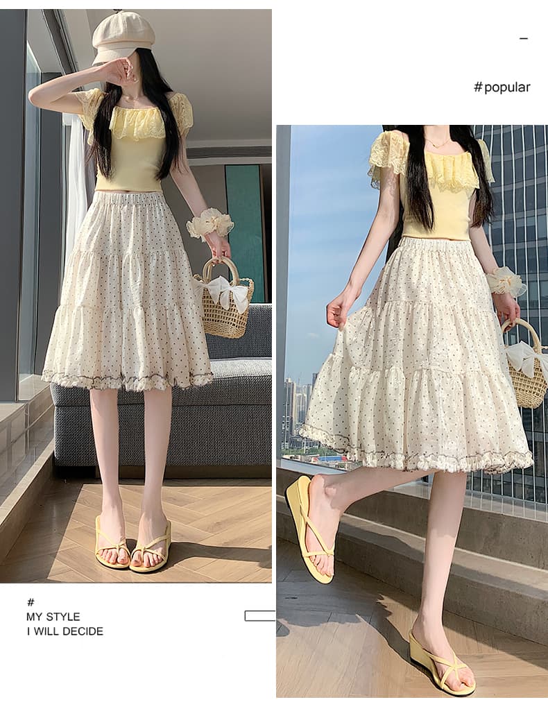 실사 한 부서 핑크색 부드러운 프릴 도트 무늬 반신 스커트 여성 하이웨이스트 슬림해 보이는 한 마디 중간 스커트 퍼프 케이크 드레스 상세 이미지 19