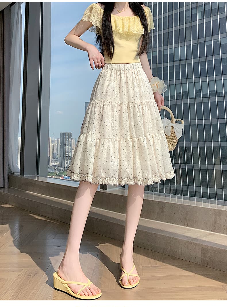 실사 한 부서 핑크색 부드러운 프릴 도트 무늬 반신 스커트 여성 하이웨이스트 슬림해 보이는 한 마디 중간 스커트 퍼프 케이크 드레스 상세 이미지 21