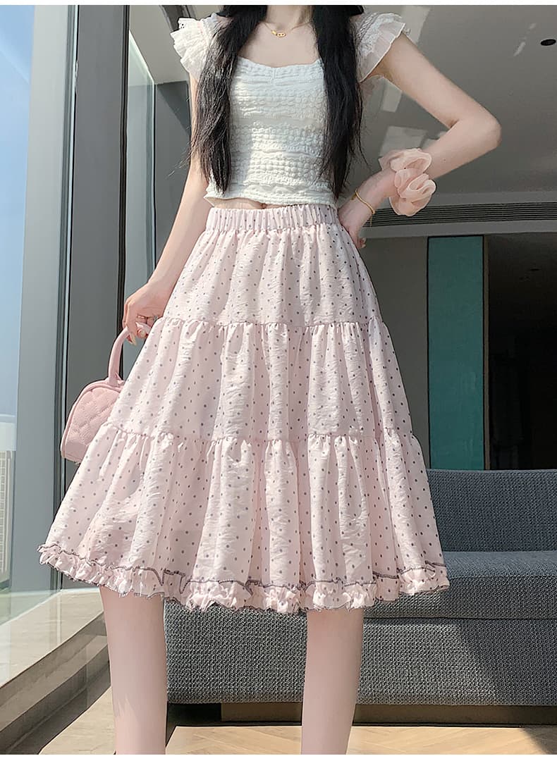 실사 한 부서 핑크색 부드러운 프릴 도트 무늬 반신 스커트 여성 하이웨이스트 슬림해 보이는 한 마디 중간 스커트 퍼프 케이크 드레스 상세 이미지 25
