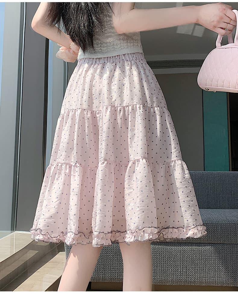 실사 한 부서 핑크색 부드러운 프릴 도트 무늬 반신 스커트 여성 하이웨이스트 슬림해 보이는 한 마디 중간 스커트 퍼프 케이크 드레스 상세 이미지 28